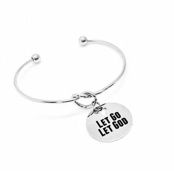 Let Go Let God Cuff Bracelet Faith Jewelry Silver Tone Adjustable Bracelet Stainless Steel Engraved Charm Christian Gift