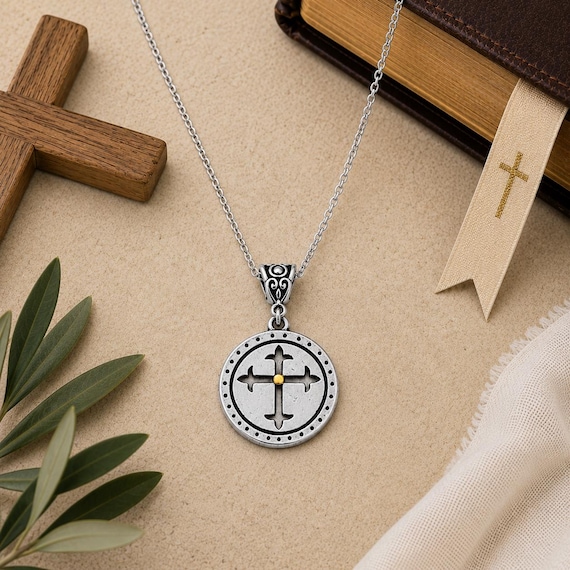 Round Mustard Seed Cross Silvertone Necklace