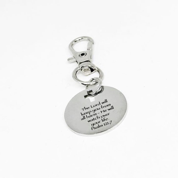 Psalm 121:7 Clip On Charm Stainless Steel Engraved Bible Verse Keychain With Cross Cut Out Christian Faith Gift