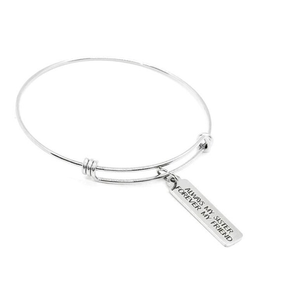 Always My Sister Forever My Friend Charm Bracelet Stainless Steel Inspirational Jewelry Long Tag Adjustable Bangle Family Bracelet For Her