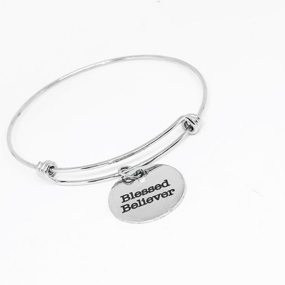 Blessed Believer Stainless Steel Bracelet, Adjustable Faith Charm Bangle Religious Jewelry Christian Gift for Women Church or Baptism Gift