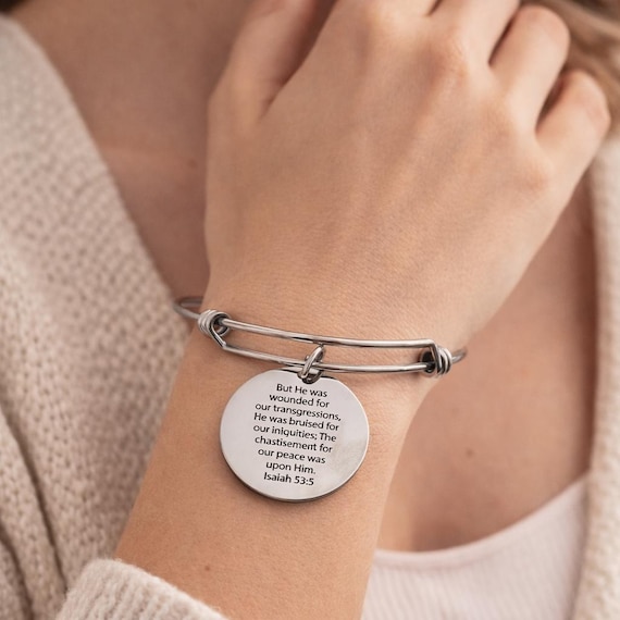Isaiah 53 5 Scripture Bracelet Christian Faith Jewelry Stainless Steel Engraved 25mm Charm Bible Verse Gift