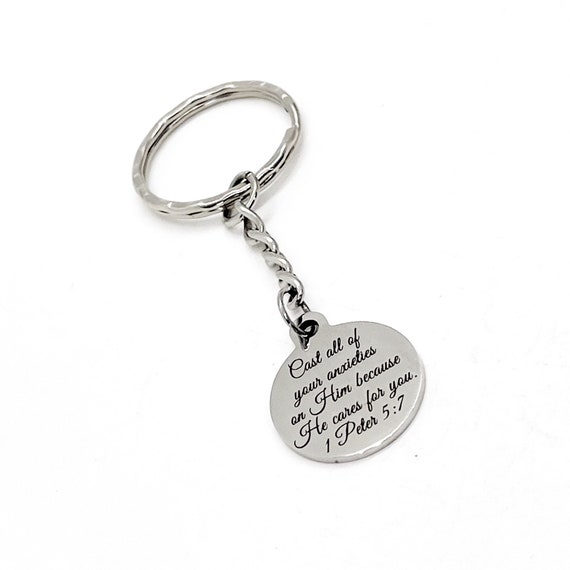 Scripture Gift, Cast All of Your Anxieties On Him Keychain, He Cares For You, 1 Peter 5 7, Scripture Keychain, Bible Verse Gifts, Faith Gift
