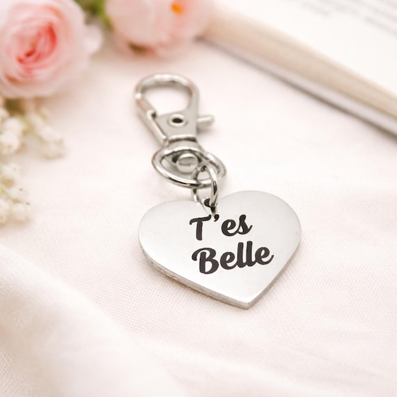 T'es Belle Clip On Charm Stainless Steel Heart Engraved Love Charm Gift For Her Bag Zipper Planner Purse Charm