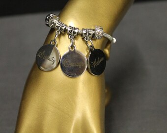 Serenity Courage Wisdom Stainless Pendants on European Bracelet; Serenity Prayer Bracelet; Inspirational Jewelry