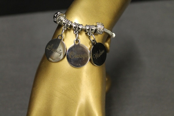 Serenity Courage Wisdom Stainless Pendants on European Bracelet; Serenity Prayer Bracelet; Inspirational Jewelry