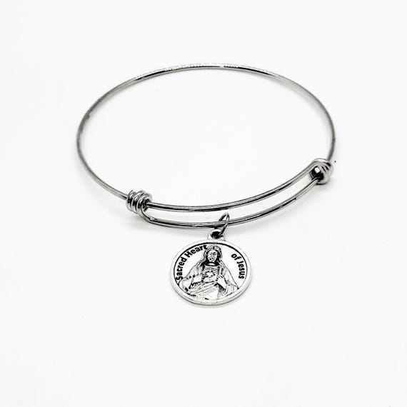 Sacred Heart Of Jesus Charm Bangle Bracelet, With Jesus In My Heart I Can Do Anything, Wife Gift, Friend Gift, Daughter Gift For Her