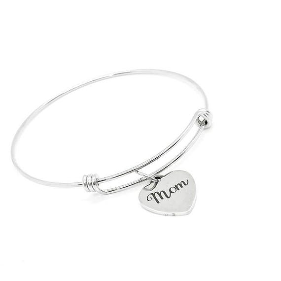 Elegant Stainless Steel Mom Heart Charm Bangle Bracelet Adjustable Jewelry Gift for Mothers Day Birthday or Special Occasion