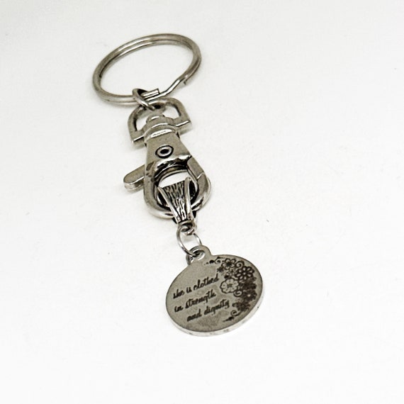 She Is Clothed In Strength And Dignity Charm Convertible Keychain, Proverbs 31 25, Christian Woman, Wife Gift, Daughter, Baptism Gift