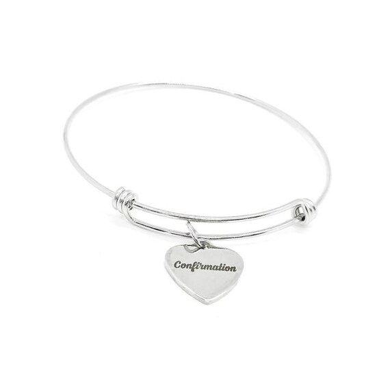 Stainless Steel Confirmation Bracelet, Heart Charm Jewelry Religious Gift Faith Jewelry Confirmation Day Keepsake Inspirational Bangle