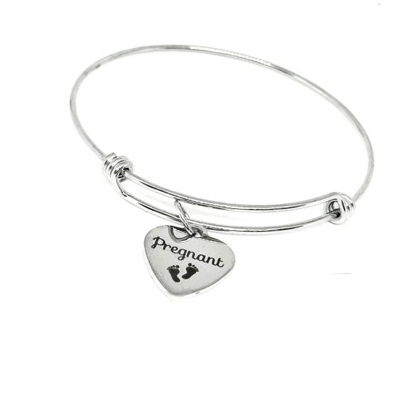 Pregnant Stainless Steel Bracelet, Adjustable Heart Charm Bangle Jewelry Gift for Expecting Mom Baby Announcement Gender Reveal or Shower