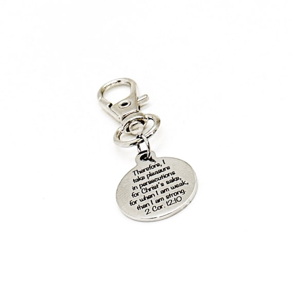 Take Pleasure In Persecutions Clip On Charm, 2 Cor 12 10, Missionary Gift, Difficult Times Gifts, Cancer Faith Gift, Bible Bag Charm