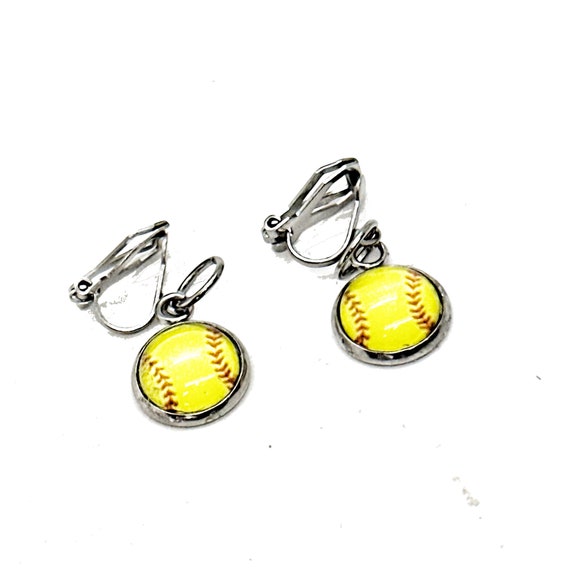 Softball Cabochon Clip On Earrings, Softball Player Gifts, Mom, Softball Earrings, Jewelry Gifts, Softball Team Gifts, Granddaughter