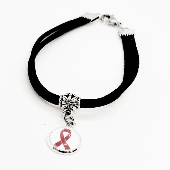 Red Awareness Ribbon Cabochon Black Faux Suede Bracelet, Red Ribbon Jewelry, Awareness Gifts, AIDS HIV Heart Disease Awareness Charm