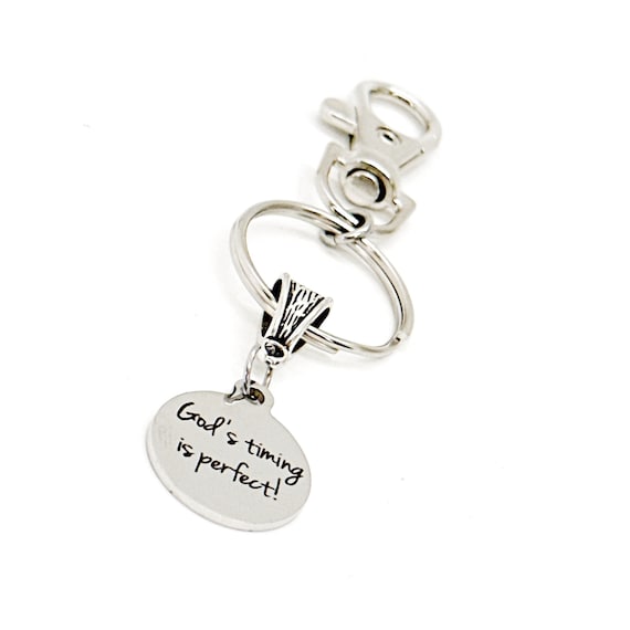 Gods Timing Is Perfect Engraved Clip On Charm Keychain Faith Inspiration Gift