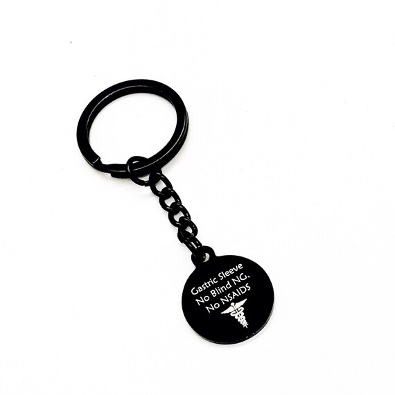 Gastric Sleeve Black Charm Keychain, Gastric Sleeve Medical ID, No Blind NG, No NSAIDS, Medical Awareness Tag, Zipper Charm, Keychain Charm