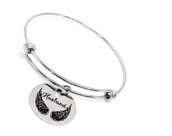 Husband Memorial, Husband Is My Angel Bracelet, Charm Stacking Bangle, Remembering Him, Love My Husband, Grieving Wife, Sympathy Gift