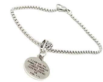 Allt förmår jag i Kristus som ger mig styrka, armband med berlocker, Filipperbrevet 4 13, trosmycken, bibelvers, dottergåva