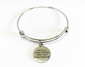 Allt förmår jag i Kristus som ger mig styrka, expanderande armband, berlockarmband, Fil 4;13 Skriftsmycken, present till henne, bibelvers