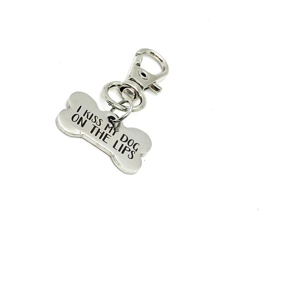 I Kiss My Dog On The Lips Clip On Charm Stainless Steel Engraved Dog Lover Accessory Pet Mom Keychain Gift