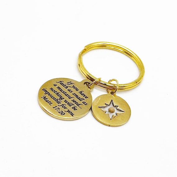 Mustard Seed Goldtone Compass Charm Keychain, Mustard Seed Faith, Matthew 17 20 Gift, Mustard Seed Gifts, Faith Gifts, Christian, Scripture