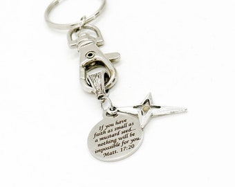 Mosterdzaad schrift en Star Cross Charm sleutelhanger, geloof zo klein als een mosterdzaadje, Matthew 17 20, afstuderen, bijbelvers, christelijk