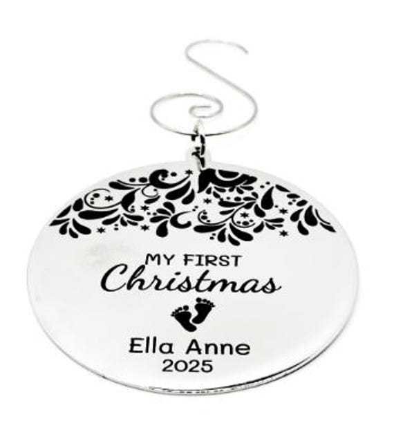 Personalized My First Christmas Ornament Stainless Steel Engraved Baby Name And Year Keepsake Holiday Gift Baby Girl Or Boy Ornament