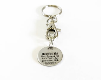Keep Running The Race That Is Set Before You With Endurance Keychain Gift, Hebrews 12:1 Scripture Gift For Him, Baptism Gift, Key Fob Gift