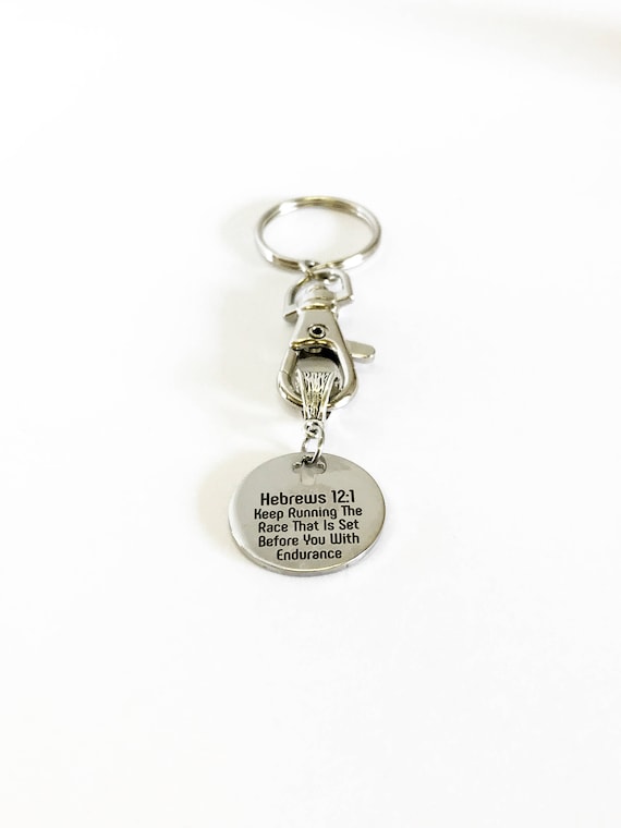 Keep Running The Race That Is Set Before You With Endurance Keychain Gift, Hebrews 12:1 Scripture Gift For Him, Baptism Gift, Key Fob Gift