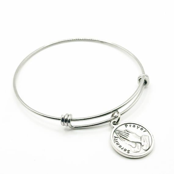 Serenity Prayer Bracelet Faith Jewelry Recovery Gift Silver Plated Charm Stainless Steel Expanding Bangle