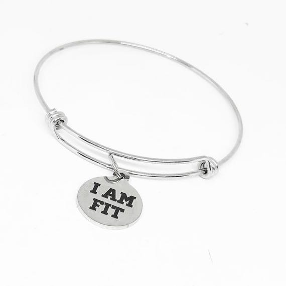 I Am Fit Stainless Steel Bracelet, Adjustable Motivational Charm Bangle Fitness Affirmation Jewelry Workout Gift for Gym Lovers or Athletes