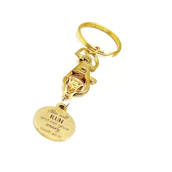 She Will Run And Not Grow Weary Charm Keychain, Isaiah 40 31, Runner Gift, Wife, Daughter, Christian Woman, Gift For Her, Faith Gift