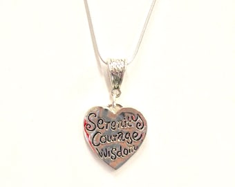 Serenity Courage Wisdom Heart on Silver Chain Necklace, Serenity Prayer Necklace, Christian Jewelry Recovery Gift for Her, Mom Gift