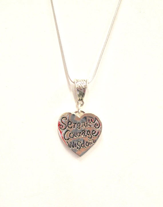 Serenity Courage Wisdom Heart on Silver Chain Necklace, Serenity Prayer Necklace, Christian Jewelry Recovery Gift for Her, Mom Gift