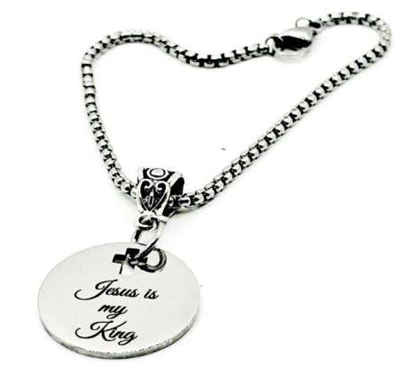 Jesus Is My King Bracelet Stainless Steel Box Chain Engraved Charm With Cross Cut Out Faith Jewelry Gift From JKCE Designs