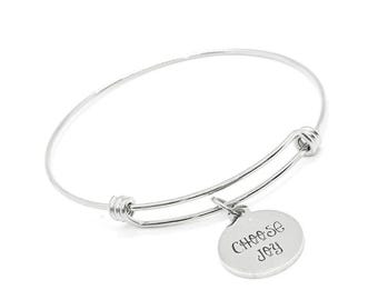 Choose Joy Stainless Steel Charm Bracelet Inspirational Bangle 19mm Motivational Gift for Her Encouragement Jewelry Uplifting Message