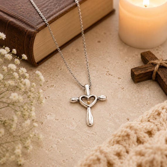 Mustard Seed Heart Cross Necklace