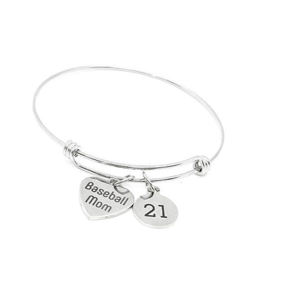 Baseball Mom Stainless Steel Bracelet With Personalized Jersey Number Charm Custom Gift For Sports Moms Adjustable Bangle Jewelry