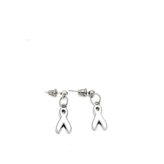 Silvertone White Ribbon Earrings, Bone Cancer Awareness Gifts, White Ribbon Awareness Charm, Gift For Her, Wife Gift, Recovery Gift
