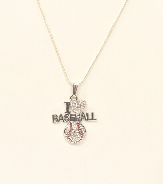 I Love Baseball Rhinestone Pendant on Silver Chain, Baseball Jewelry Gift For Her, Baseball Fan Jewelry for Wife, Baseball Necklace