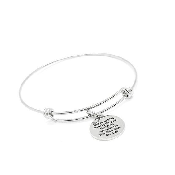 Romans 3 24 Bible Verse Stainless Steel Charm Bangle Bracelet Christian Jewelry Faith Gift For Women Religious Inspirational Accessory