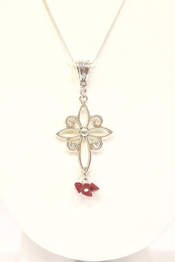 Cross and Blood Red Stone Drops Pendant on Silver Necklace,  Chistian Cross Necklace, Jewelry Gift For Wife, Wife Gift Necklace