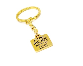 Pray More Worry Less Keychain Faith Gift Christian Gold Stainless Steel Engraved Charm Inspirational Religious Key Ring
