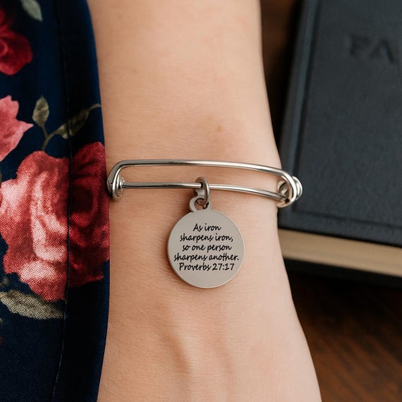 As Iron Sharpens Iron Stainless Steel Expandable Bracelet With Engraved Proverbs 27 17 Charm