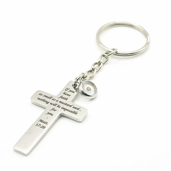 Mustard Seed Faith Cross Keychain Matthew 17 20 Scripture Keychain Christian Gift Stainless Steel  Keychain