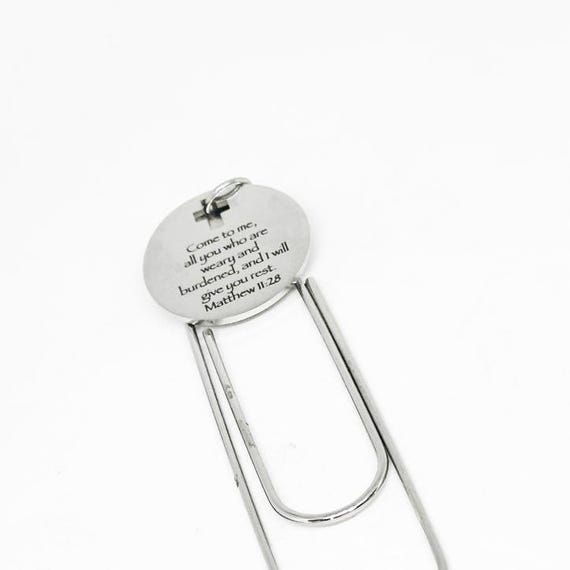 Matthew 11 28 Stainless Steel Engraved Charm Paperclip Bookmark Christian Gift