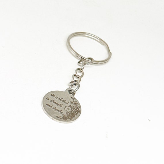 She Is Clothed In Strength And Dignity Charm Keychain, Proverbs 31 25, Woman Gift, Daughter, Wife, Granddaughter, Friend, Christian Woman