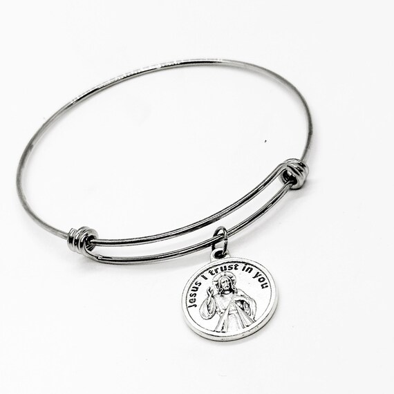 Jesus I Trust In You Charm Bangle Bracelet, Give Us Thy Mercy, Faith Gift, Christian Prayer Gift For Her, Bible Study, Womens Group Gifts,