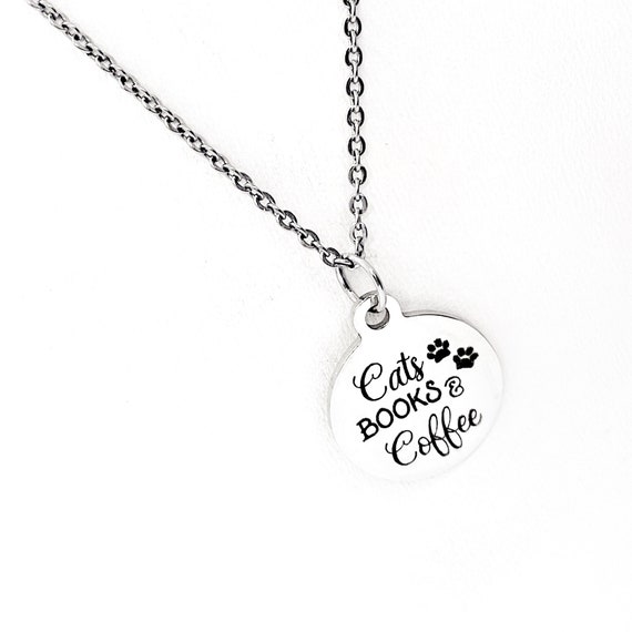 Cat Owner Gift, Cats Books Coffee Necklace, Book Lover Gift, Reader Gift, Coffee Lover Gift, My Favorite Things Gift