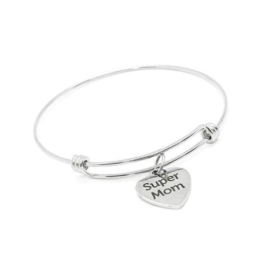 Super Mom Stainless Steel Adjustable Bangle Bracelet With Heart Charm Mother’s Day Birthday Gift For Mom From Daughter Or Son